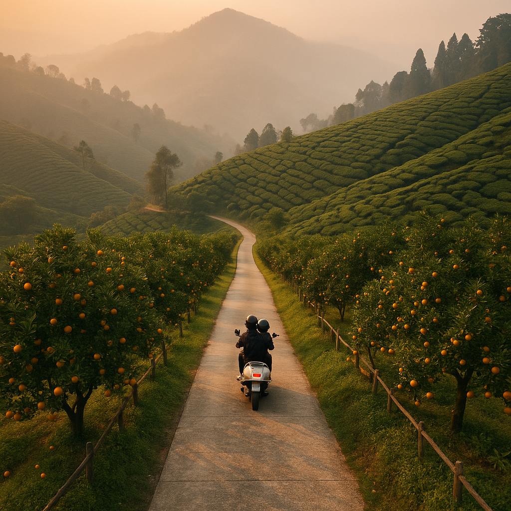 Scooter ride through orange orchard and tea gardens near Chandrakala Homestay