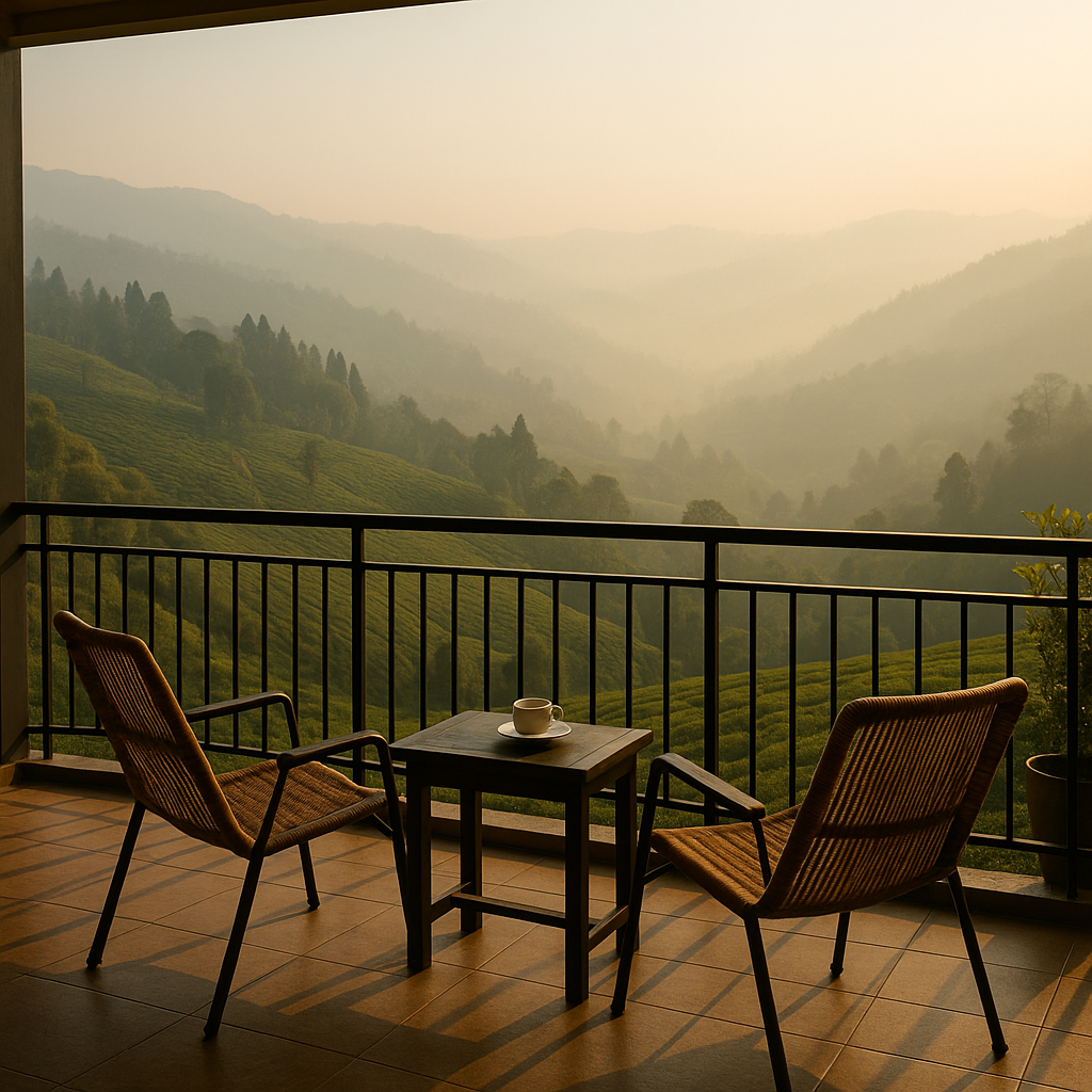 Open lounge tea garden view at Chandrakala Homestay
